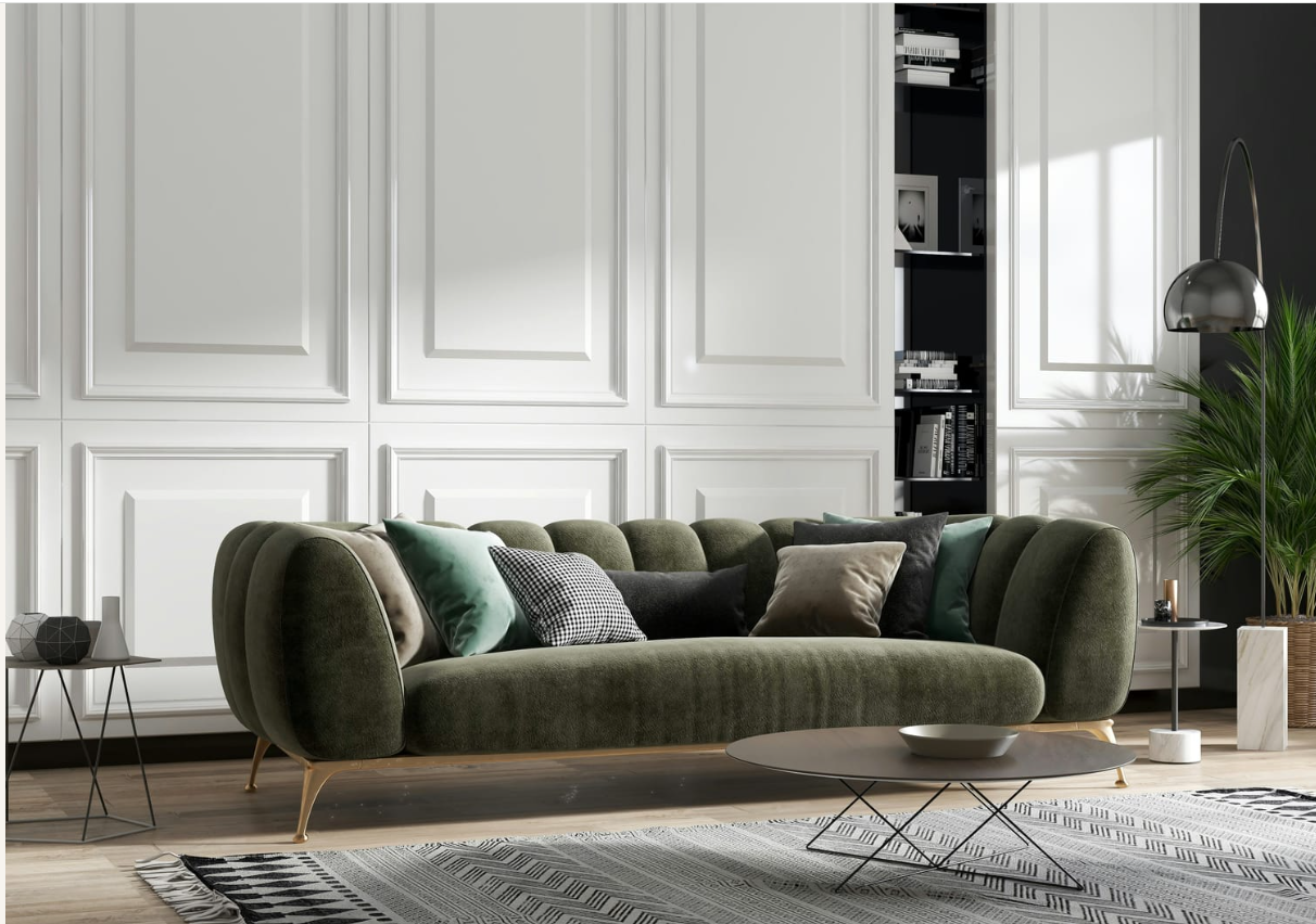 Canapé vert dans un intérieur lumineux aux lignes contemporaines